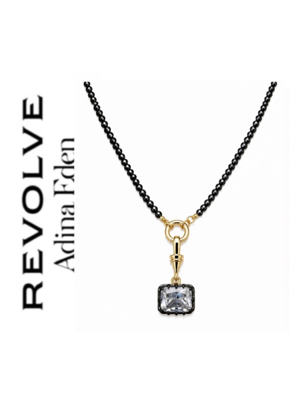 Revolve x Adina Eden Faceted Gunmetal Hematite Beaded Necklace Cushion Cut Charm